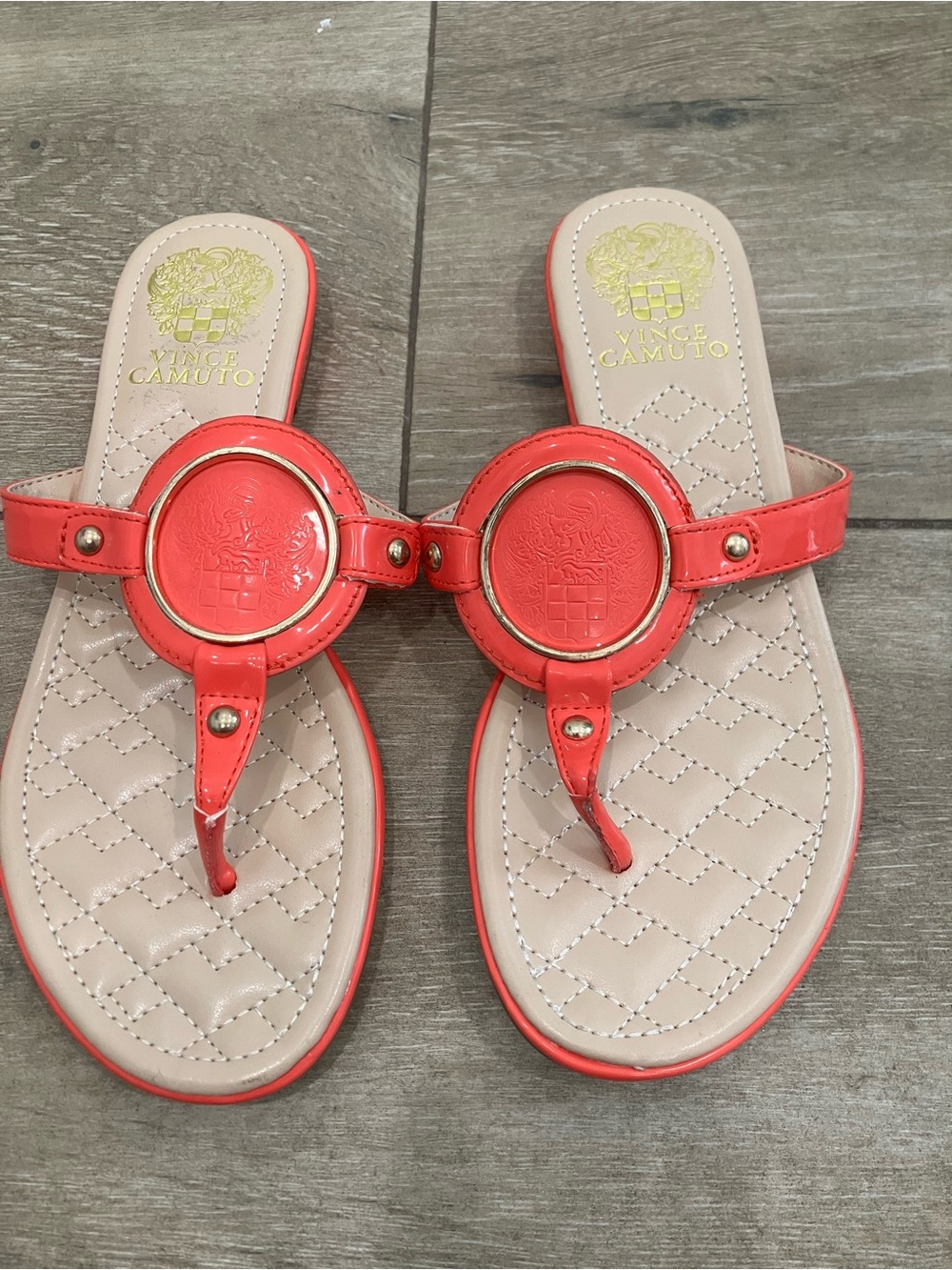 Vince Camuto Coral Patent Thong Sandals with Gold Accents